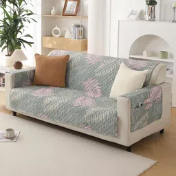 HOKIPO Polyester 3 Seater Quilted Sofa Cover with Pockets, Tropical Leaves Pastel Green (IN-742-D1) image 2