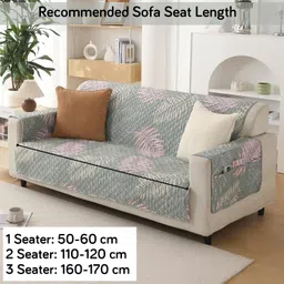 HOKIPO Polyester 3 Seater Quilted Sofa Cover with Pockets, Tropical Leaves Pastel Green (IN-742-D1) image 3