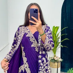 infabzon Ready To Wear Saree & Koti Set For Women Bollywood Style Chinon Silk Fabric On Embrodery Sequance Cording Work image 5