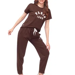 lotik Women Cotton Lycra Solid Top Payjama Paris Print Nightsuit & Tracksuit Set image 4
