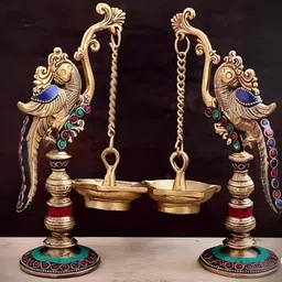 mvs madh ventures Brass Parrot Lamp Chain Diya / Double Piece / Hanging Chain Deepak / Inlay Multi Gemstone Work / Weight: 1.8 Kg, H: 9 inch Brass Antique Oil Lamp, Brass Diyas for Home image 1