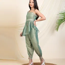 deebaco Shimmer Shimmer Top & Gathered Pants Western Co-Ord Set for Women's|One Shoulder 3/4 Straight Sleeves Regular Fit Cord Set|Ladies Party Ethnic Collection Stylish Fusion Wear image 4