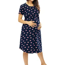 lotik Women's Cotton Navy Blue Heart Printed Maternity & Feeding Calf Length Short Nighty image 3