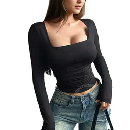 SIGHTBOMB Square Neck Ultra Soft Feather Touch Micro Fiber Ruched Waist Cuddle TEE Fullsleeve Tops for Women image 2