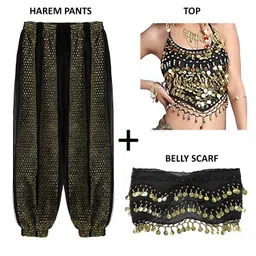 VRITRAZ Women's Chiffon Belly Dance Chiffon Top, Harem Pants And Hip Scarf Ringy Golden Coins Fancy Pants image 2