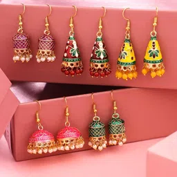 yellow chimes Meenakari Jhumka Earrings for Women | Traditional Jhumki Earrings Set for Girls | Combo of 5 Pairs Jhumkas Ethnic Gold Plated Women Earrings | Chic Reverie | Birthday Gift For Girls image 2