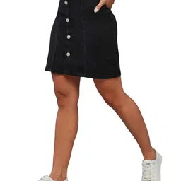 miss chase Women's Black Stretchable Solid A-line Mini Denim Skirt image 1