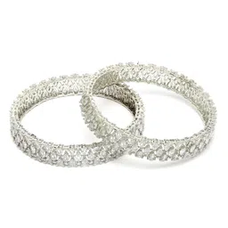 zeneme Rhodium-Plated Silver Toned White American Diamond Studded Bangle Set for Women and Girls image 1