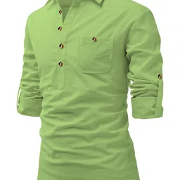 crowntail Men Pure Cotton Slim Fit Roll Up Full Sleeve Spread Collar Short Kurta with Stylish Design | Super Soft Comfortable Beige Color Kurta for Casual Outings image 1