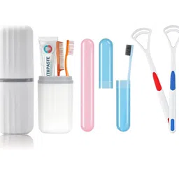 QONETIC 2 Pcs Tongue Cleaner and 2 Pcs Toothbrush Cover Case with Travel Case Tongue Scrapper,Plastic Brush Holder for Travel Kit,Tooth Brush Holder for Traveling (Toothbrush Combo Set),Multicolor image 1