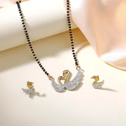 gehena by estele Gold & Rhodium Plated Chic & Charming Swan Mangalsutra Set with Black Beads & White Crystals for Women image 3