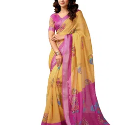 siril Women's Cotton Linen Printed Readymade Saree 1 Minute Ready to Wear Saree With Unstitched Blouse Piece image 1