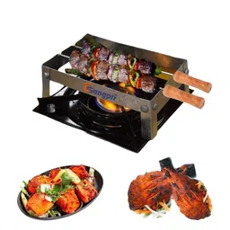 Sangpri Small Barbeque Grill Set Combo - 1 Foldable Chhota Tandoor Stand with 2 Skewers & 1 Gas Grill Jali | 1 Stainless Steel Lighter for Gas Stove | 1 Silicone Spatula Brush and 1 Oil Brush image 3