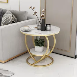 ofheqeuwin HEQEUWIN Coffee Table for Living Room,Modern Corner Sofa Side Bedside Tables Snack End Table for Bedroom,White Table Top with Gold Metal Frame (Gold White) image 3