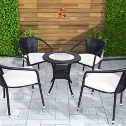 Corazzin Rattan Wicker 4 Seater Cushioned Patio Table And Chair Set Garden Coffee Table Set With 1 Table And 4 Chairs Set Outdoor Furniture (Black) - 24 Inch image 1