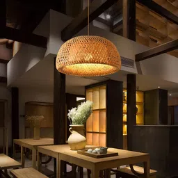 AKWAY Bamboo Hanging lamp for Living Room | Rattan Pendant lamp for Home Decoration | Cane Ceiling lamp | Wicker Hanging lamp (14" Dia x 6") image 1