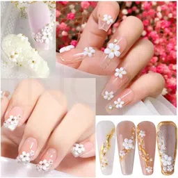 inog 3D Flower Nail Art Charms, 250pcs White Flowers Rhinestones Kit, Crystal Pearls Flat Design Acrylic Studs Manicures Accessories for Women Girls image 4