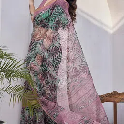 mirchi fashion Women's Kota Doria, Polyester Mix Leaf Floral Printed Saree with Blouse Piece image 2