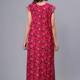 hargun night wear HARGUN Cotton Nightgown, Floral Print, Short Flutter Sleeves, Navy Blue and Gold, Full Length with Pockets image 2