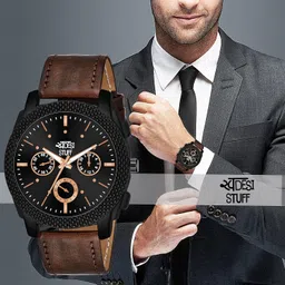 swadesi stuff Black Dial Analog Watch for Men – Brown Leather Strap, Quartz Movement image 5