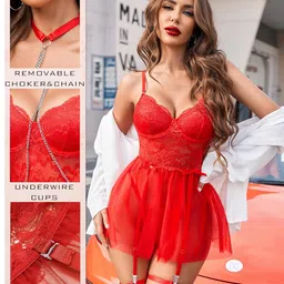 splorr Lingerie for Women Lace Babydoll Wirefree Lingerie Set with Garter and Chain Babydoll Sleepwear image 3