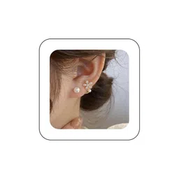 andelaisi Boho Crystal Pearl Ear Jackets Earrings Gold Pearl Flower Ear Cuff Jacket Earrings Vintage Pearl Front Back Earrings Sparkly Crystal Cz Flower Earrings Jewelry for Women, Metal Crystal Cubic image 1