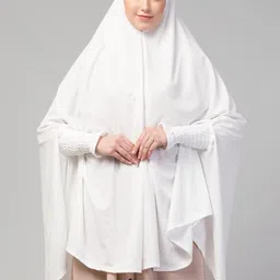 nazneen Stretchable Polyester Knits Smoking At Sleeve Jilbab Cum Prayer Khimar Hijab For Hajj And Umrah, (Female), White image 3