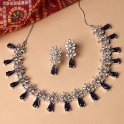 zeneme Rhodium-Plated Silver Toned Teardrop Shaped American Diamond Studded Necklace Earrings Jewellery Set for Girls and Women image 2