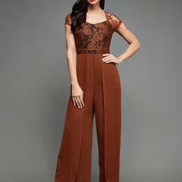 miss chase Women's Sweetheart Neck Raglan Sleeve Floral Lace Overlaid Crepe Regular Length Jumpsuit image 2