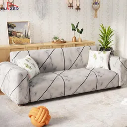 Lukzer 5 Seater Grey Marble Universal Sofa Cover with 2 Pillow Cover | 140 GSM Stretch Fit Polyester & Spandex Slipcover | Fully Covered 3+1+1 Seater Anti-Slip & Washable Protector (SC-039-05) image 3