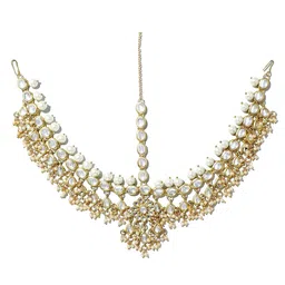 karatcart Gold-Tone Pearl Beads and Tassels Kundan Mathapatti image 1