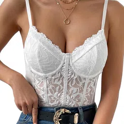 xivir Women's Floral Lace Sheer Mesh Corset Bodysuit Spaghetti Strap Cami Top image 1
