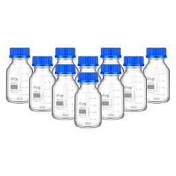 VVS Borosilicate Glass reagent bottle 100ml with leak proof Blue Screw Cap pack of 10 for glassware chemical bottles for lab, laboratory, kitchen and professional use image 1