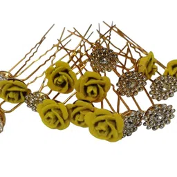 productmine Bridal Hair Bun Pin Accessories/Fancy Golden Juda Pins with Artificial Yellow Rose and Clear Rhinestone for Women and Girls - Set of 16 PCs image 1