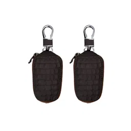 simois Genuine Leather Car Remote Key Case Unisex Men's & Women's Premium Checkered Pattern Leather Car Key Holder Car Key Fob Case Key Case Cover Holder with Zipper (Pack of 2, Black) image 1
