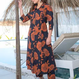 arayna Women's Pure Cotton Hand Block Printed Floral Ethnic Kurta Set with Palazzo Pants image 3