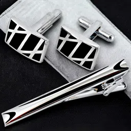 lucky jewellery Men Jewelry Silver Plated Black Color Cufflink Formal Sleeve Button Cuff Shirt Button, Suit, Blazer Cufflinks and Tie Pin Combo Gift Set For Men (610-CHC5-1005-S) image 2