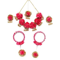 zeneme White & Gold Pearl Tasselled Gota Patti Floral Beaded Haldi & Mehendi Necklace With Earrings, Maang Tikka & Bracelet Jewellery Set For Girls and Women image 1