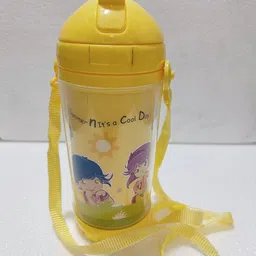 PUTHAK Cute Water Bottles with Straw for Kids Girls Boys, BPA FREE Leak Proof Flip Top Lid & Silicone Sipper & Soft Carry Neck Strap, 500ml (Cartoon Printed) (Yellow) image 3