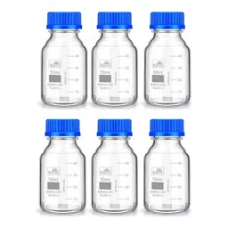 bello naturals feel better everyday Bello Borosilicate Glass reagent bottle 50ml with leak proof Blue Screw Cap pack of 6 for glassware wide mouth chemical bottles for lab, laboratory, kitchen and professional use image 1