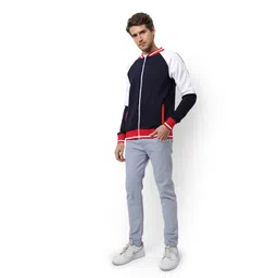 campus sutra Men's Blue & Red Colour-Blocked Solid Regular Fit Cotton Varsity Jacket For Winter Wear | Low-Cut Standing Collar | Full Sleeve | Zipper | Casual Jacket For Man | Stylish Jacket For Men image 5