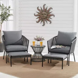 DEVOKO 5 Piece Rope Conversation Patio Set with Ottoman & Glass Top Coffee Table for Indoor Outdoor, Garden, Balcony, Backyard,Terrace (Grey) image 1