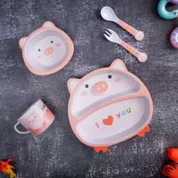 The Bamboo Co ® Kids/Baby Feeding/Dinner Set of 5 | Made of Bamboo| Kids Crockery Set Tableware |Baby Utensils and Dishes Set | Eco-Friendly |Organic & Natural (Plumpy Pig) image 1