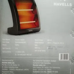 Havells Bero Quartz Heater Black 800 watt 2 Heat Settings 2 Year Product Warranty image 3