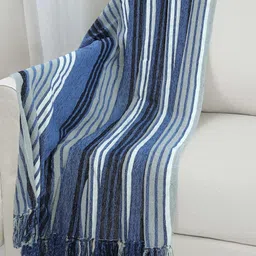 HAKAM Handwoven Striped Pure Chenille Throw Blanket for 3 Seater Sofa – 140x190 cm | Blue Throw for Sofa, Bed, Chair & Travel - Ideal for All Season, Pack-1 image 1