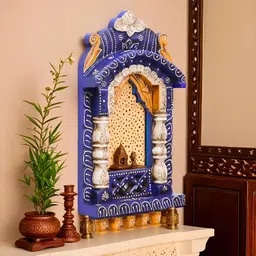 Medieval Arts Mina Solid Wood Hand Painted Wall Hanging Jharokha Frame (Blue, 16' Inches), Rectangular, Framed image 1