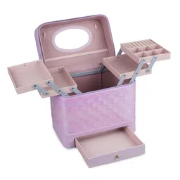 SHAMAX® Premium Makeup Organizer Box Jwellery Case Makeup Box Train Case & Cosmetic Kit Organizer for Women Makeup Brushes Accessories, 4 Tray with Big Drawer Compartments (PU Leather) Purple image 3