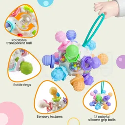 Kidology Silicone Teether Ball Toy for Babies 6+ Months – 12 Textured Grip Balls, Rattle Rings | BPA-Free Montessori Baby Toy for Tactile & Motor Skill Development | Idea for Gifting image 5