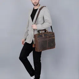 learichi 17 Inch Men's Genuine Hunter Leather Laptop Shoulder Bags for Men Office Travel, Distressed Brown Real Leather Briefcase Vintage Messenger Bag with Multiple Compartments, Trolley attachment image 2