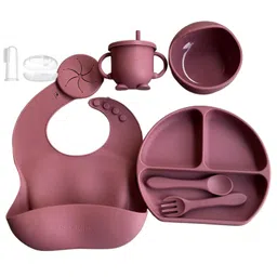 spy kids SPY KIDS® 7Pcs Premium Silicone Baby Feeding Set BPA-Free,Microwave Safe,Anti-Slip Base | Tableware Kit for Babies&Toddlers with Suction Plate,Bowl,Cup, Spoon,Fork,Bib & Baby Finger Tooth Brush| Pink image 1